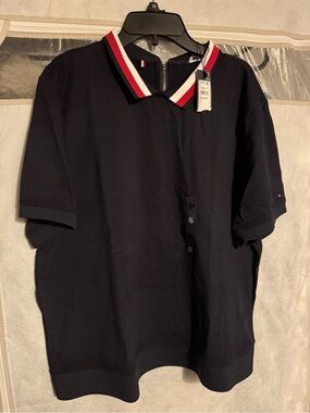 Navy Short-Sleeve Polo Dress with Red & White Trim